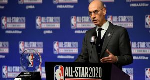 CHICAGO, ILLINOIS - FEBRUARY 15: NBA Commissioner Adam Silver speaks to the media during a press conference at the United Center on February 15, 2020 in Chicago, Illinois. NOTE TO USER: User expressly acknowledges and agrees that, by downloading and or using this photograph, User is consenting to the terms and conditions of the Getty Images License Agreement.