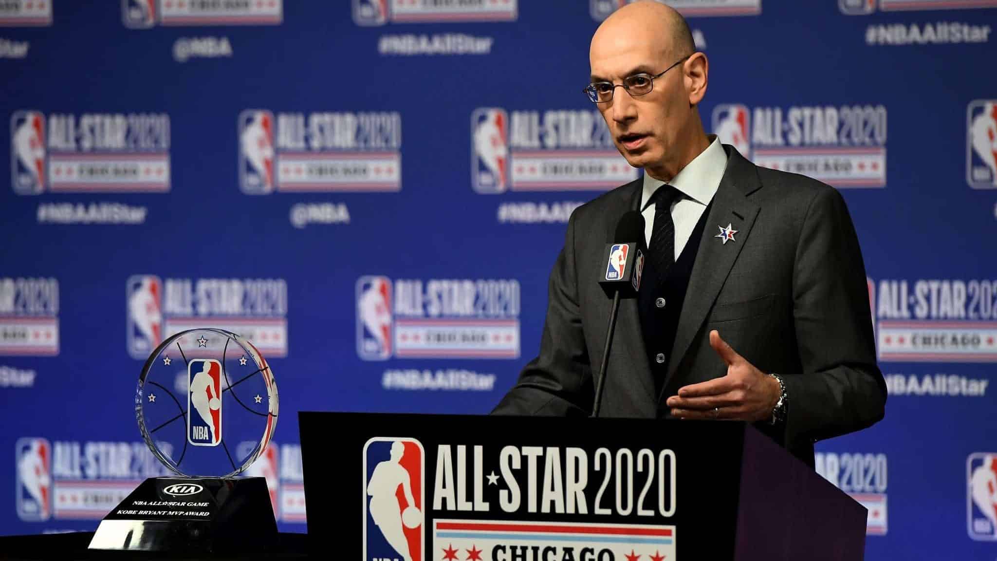 CHICAGO, ILLINOIS - FEBRUARY 15: NBA Commissioner Adam Silver speaks to the media during a press conference at the United Center on February 15, 2020 in Chicago, Illinois. NOTE TO USER: User expressly acknowledges and agrees that, by downloading and or using this photograph, User is consenting to the terms and conditions of the Getty Images License Agreement.