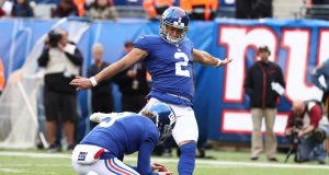 EAST RUTHERFORD, NJ - OCTOBER 28: Aldrick Rosas #2 of the New York Giants kicks a field goal against the Washington Redskins during their game at MetLife Stadium on October 28, 2018 in East Rutherford, New Jersey.