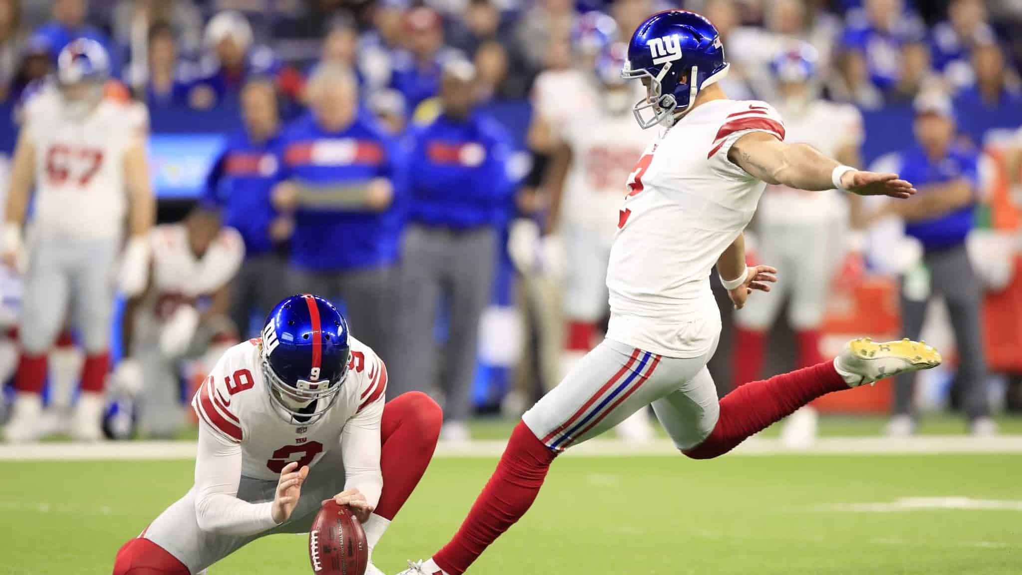 INDIANAPOLIS, INDIANA - DECEMBER 23: Aldrick Rosas #2 of the New York Giants kicks a field goal in the game against the Indianapolis Colts in the second quarter at Lucas Oil Stadium on December 23, 2018 in Indianapolis, Indiana.
