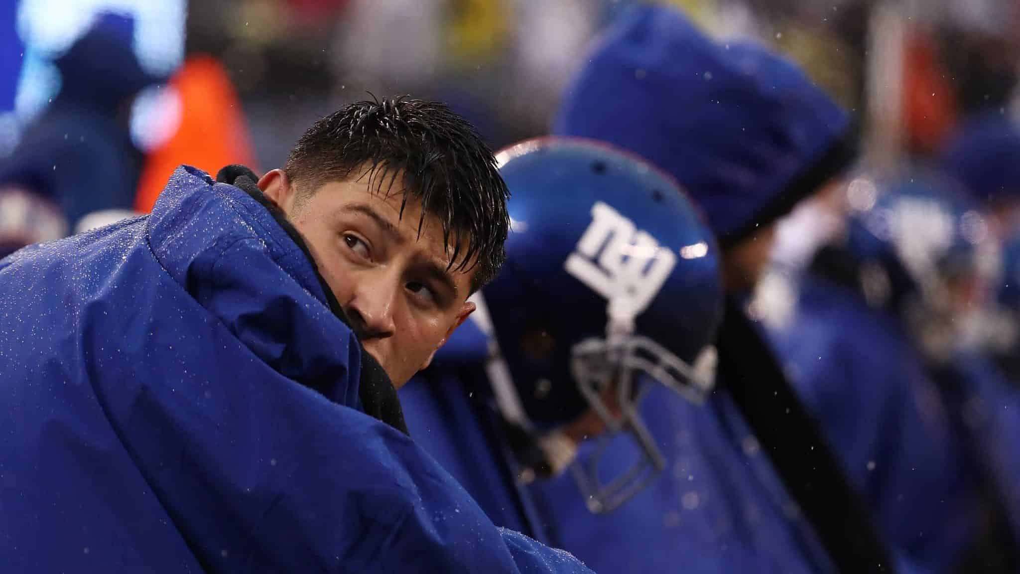 EAST RUTHERFORD, NEW JERSEY - DECEMBER 16: Aldrick Rosas #2 of the New York Giants looks on against the Tennessee Titans during their game at MetLife Stadium on December 16, 2018 in East Rutherford, New Jersey.