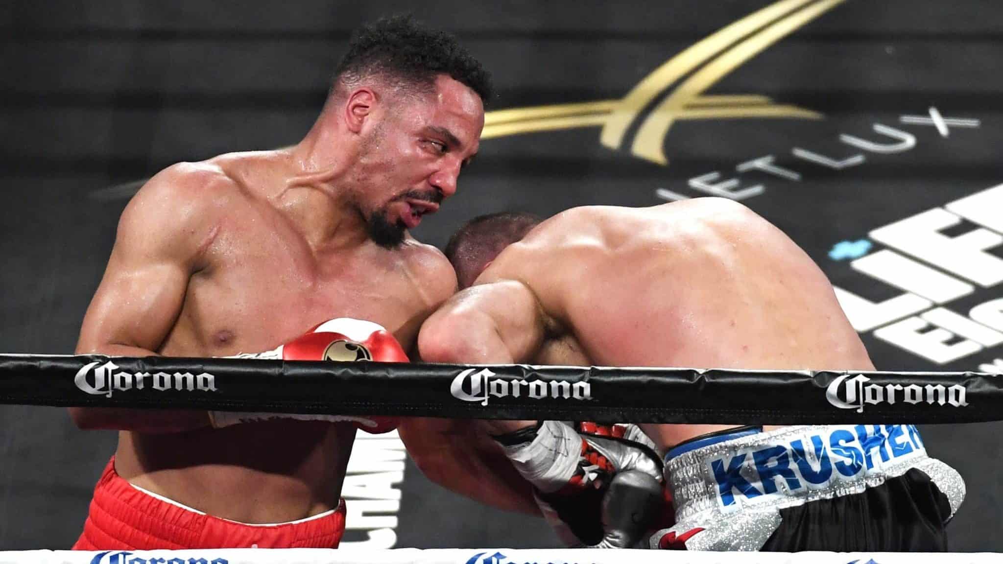 LAS VEGAS, NV - JUNE 17: Andre Ward (L) hits Sergey Kovalev with a left in the eighth round of their light heavyweight championship bout at the Mandalay Bay Events Center on June 17, 2017 in Las Vegas, Nevada. Ward retained his WBA/IBF/WBO titles with a TKO in the eighth round.