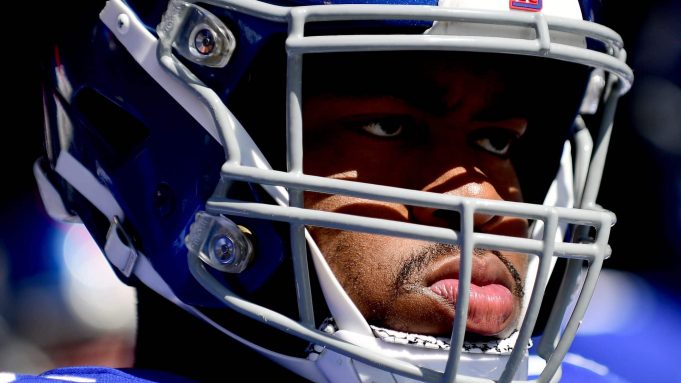 EAST RUTHERFORD, NEW JERSEY - SEPTEMBER 15: B.J. Hill #95 of the New York Giants stands in the tunnel prior to their game against the Buffalo Bills at MetLife Stadium on September 15, 2019 in East Rutherford, New Jersey.