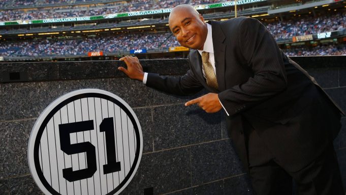 NEW YORK, NY - MAY 24: Bernie Williams stands next to his retired number in Monument Park prior to the game between the New York Yankees and the Texas Rangers at Yankee Stadium on May 24, 2015 in New York City.