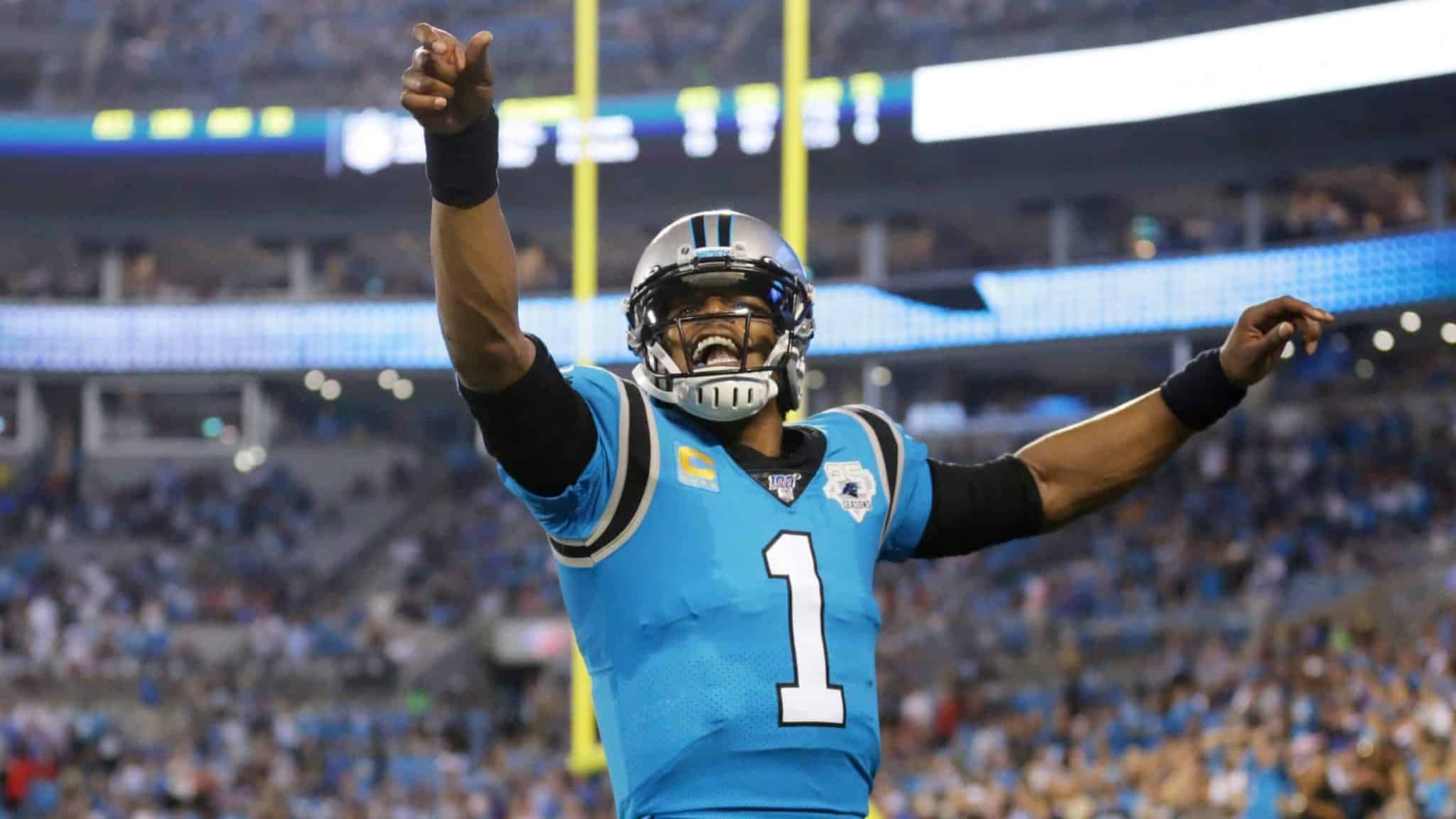 CHARLOTTE, NORTH CAROLINA - SEPTEMBER 12: Quarterback Cam Newton #1 of the Carolina Panthers reacts in the first quarter of the game against the Tampa Bay Buccaneers at Bank of America Stadium on September 12, 2019 in Charlotte, North Carolina.