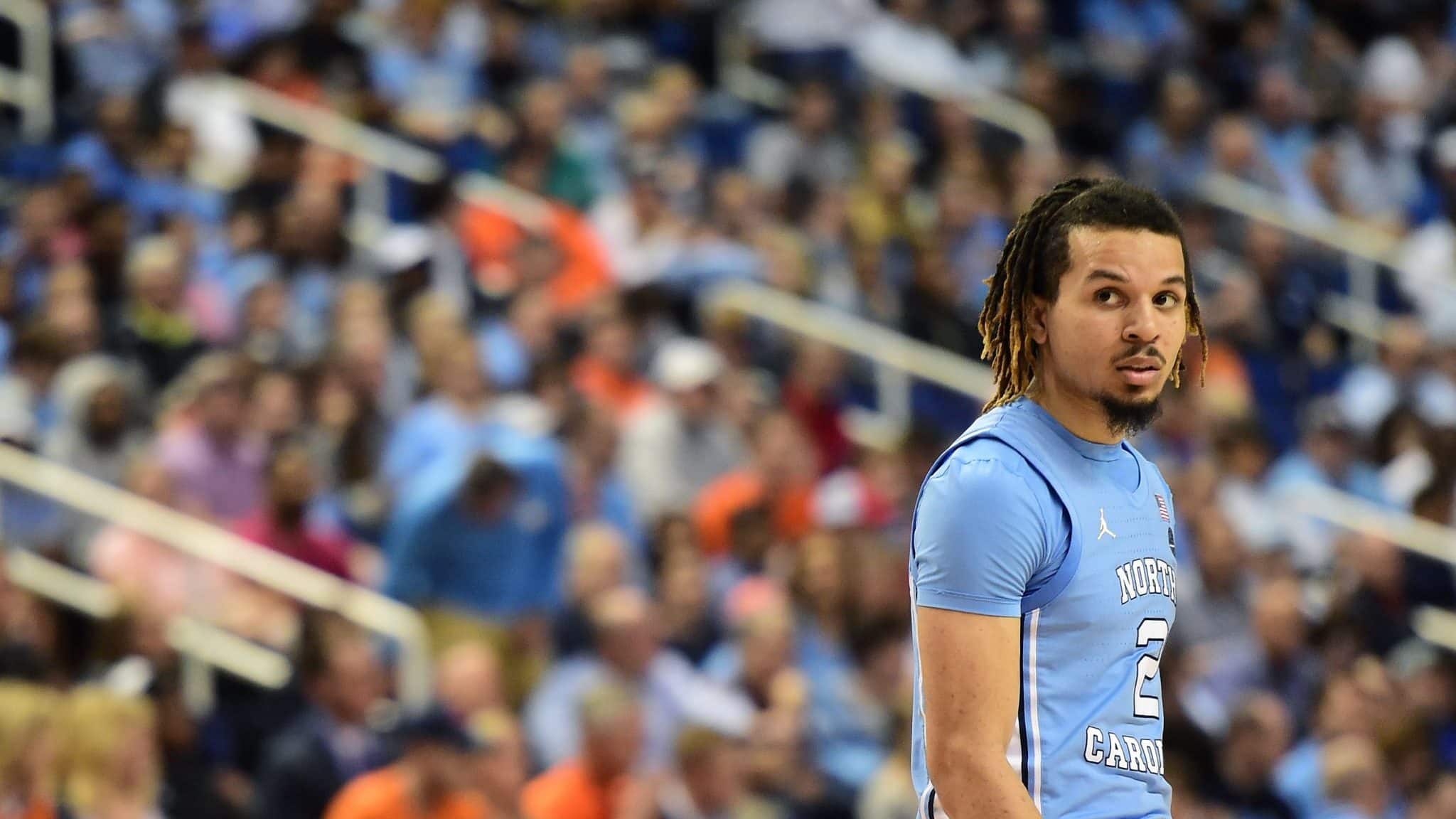 GREENSBORO, NORTH CAROLINA - MARCH 11: Cole Anthony #2 of the North Carolina Tar Heels looks on during their game against the Syracuse Orange in the second round of the 2020 Men's ACC Basketball Tournament at Greensboro Coliseum on March 11, 2020 in Greensboro, North Carolina.