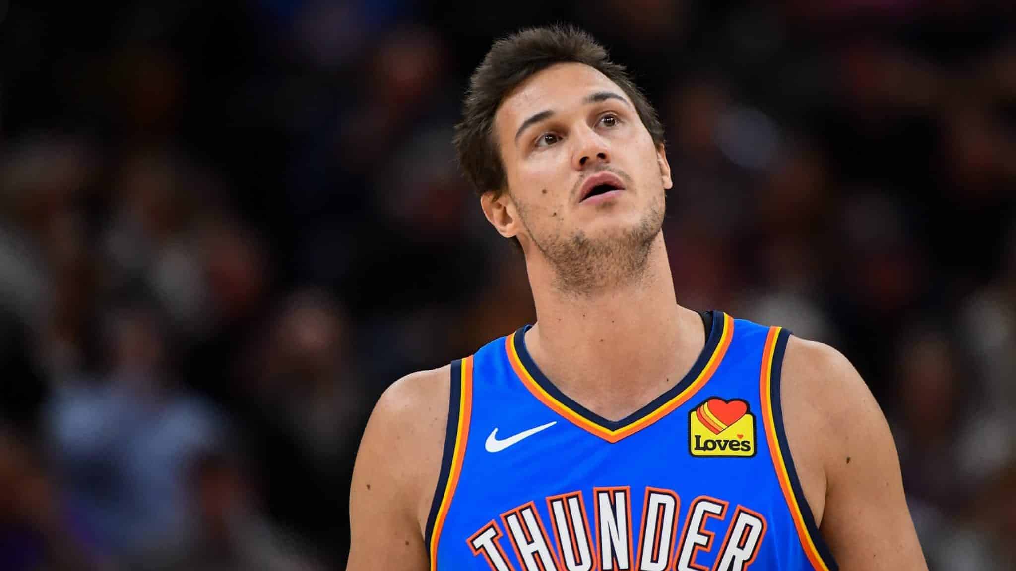SALT LAKE CITY, UT - OCTOBER 23: Danilo Gallinari #8 of the Oklahoma City Thunder looks on during a opening night game against the Utah Jazz at Vivint Smart Home Arena on October 23, 2019 in Salt Lake City, Utah. NOTE TO USER: User expressly acknowledges and agrees that, by downloading and or using this photograph, User is consenting to the terms and conditions of the Getty Images License Agreement.