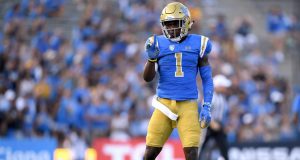 PASADENA, CA - SEPTEMBER 01: Darnay Holmes #1 of the UCLA Bruins reacts after breaking up a play against the Cincinnati Bearcats at Rose Bowl on September 1, 2018 in Pasadena, California.