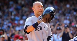 BOSTON, MA - SEPTEMBER 28: Derek Jeter #2 of the New York Yankees acknowledges the crowd after hitting a single for his last career at bat in the third inning against the Boston Red Sox during the last game of the season at Fenway Park on September 28, 2014 in Boston, Massachusetts.