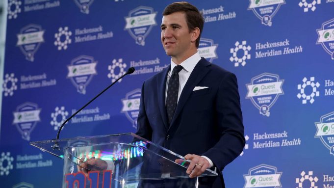 EAST RUTHERFORD, NEW JERSEY - JANUARY 24: Eli Manning of the New York Giants announces his retirement during a press conference on January 24, 2020 at Quest Diagnostic Training Center in East Rutherford, New Jersey.The two time Super Bowl MVP is retiring after 16 seasons with the team.