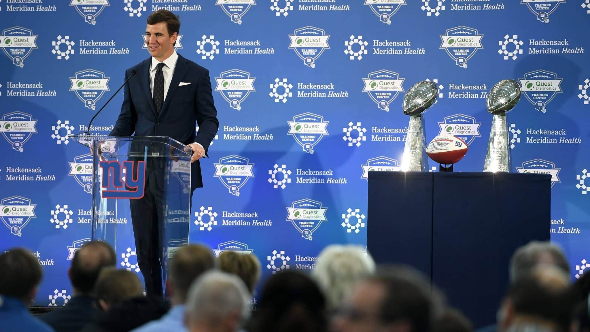EAST RUTHERFORD, NEW JERSEY - JANUARY 24: Eli Manning of the New York Giants announces his retirement during a press conference on January 24, 2020 at Quest Diagnostics Training Center in East Rutherford, New Jersey. The two-time Super Bowl MVP is retiring after 16 seasons with the team.