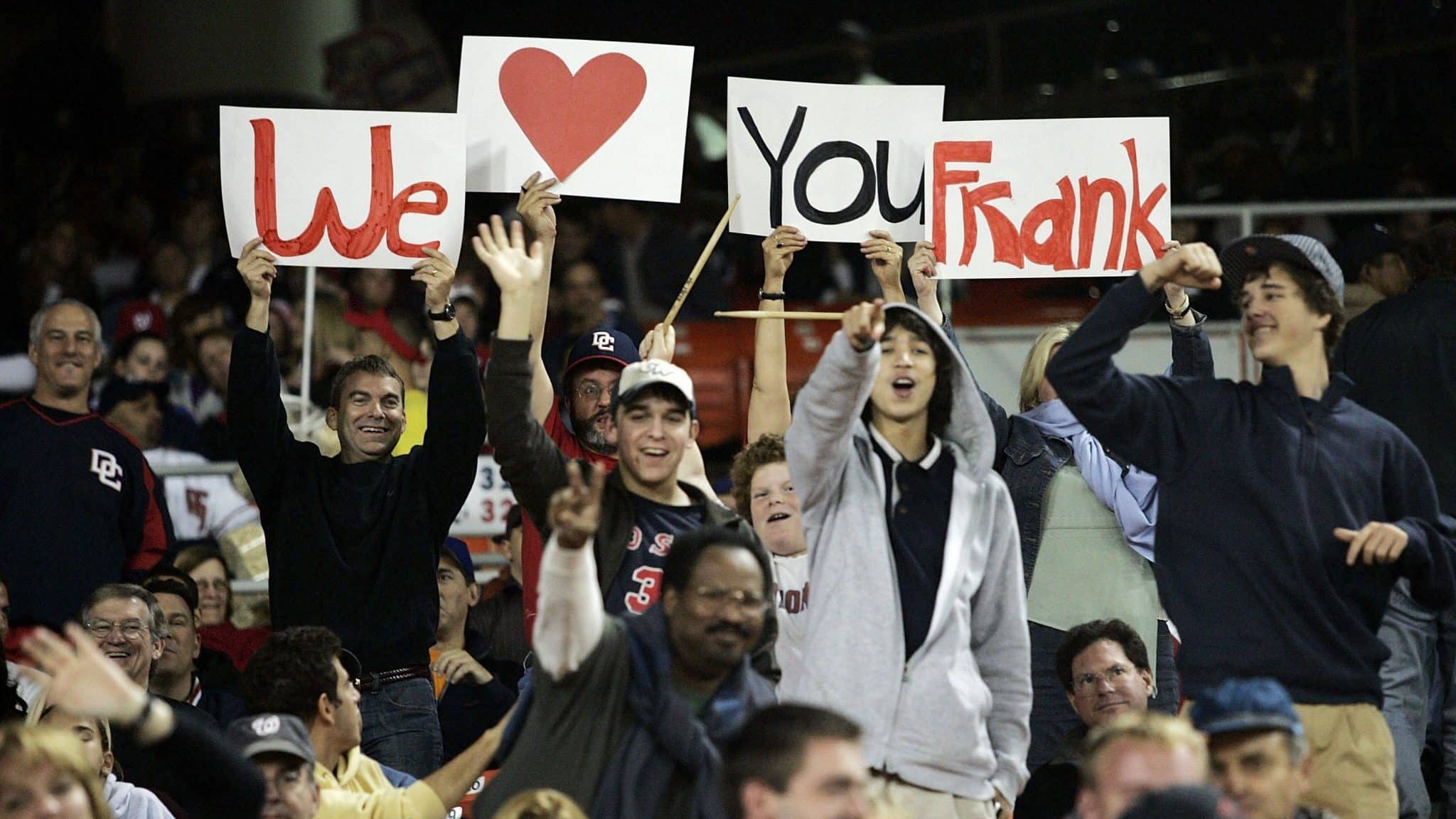 WASHINGTON - SEPTEMBER 30: Fans hold up signs to honor Manager Frank Robinson #20 of the Washington Nationals during the game against the New York Mets on September 30, 2006 at RFK Stadium in Washington, DC.