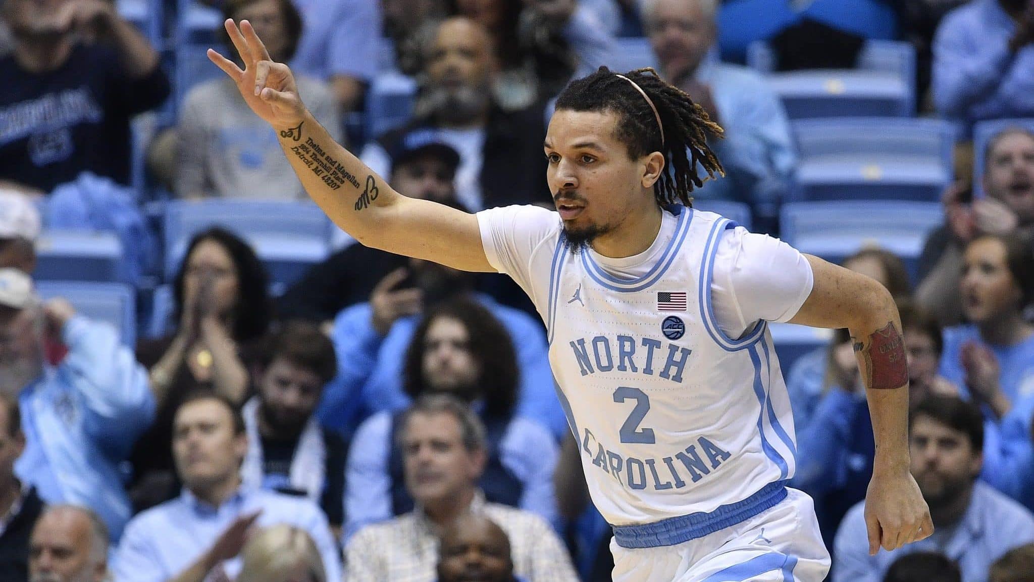 CHAPEL HILL, NORTH CAROLINA - MARCH 03: Cole Anthony #2 of the North Carolina Tar Heels reacts after making a three-point basket against the Wake Forest Demon Deacons during the first half of their game at the Dean Smith Center on March 03, 2020 in Chapel Hill, North Carolina.