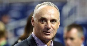 MIAMI, FL - JULY 10: MLB Commissioner Rob Manfred looks on during Gatorade All-Star Workout Day ahead of the 88th MLB All-Star Game at Marlins Park on July 10, 2017 in Miami, Florida.