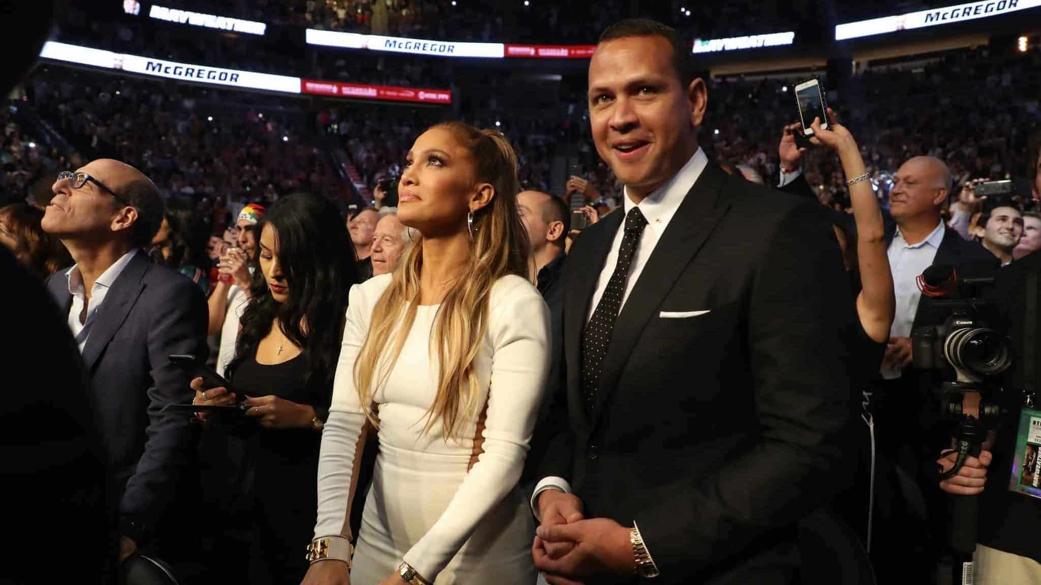 LAS VEGAS, NV - AUGUST 26: Actress Jennifer Lopez and former MLB player Alex Rodriguez attend the super welterweight boxing match between Floyd Mayweather Jr. and Conor McGregor on August 26, 2017 at T-Mobile Arena in Las Vegas, Nevada.
