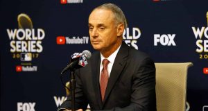 HOUSTON, TX - OCTOBER 28: Major League Baseball Commissioner Robert D. Manfred Jr. speaks to the media during a press conference prior to game four of the 2017 World Series between the Houston Astros and the Los Angeles Dodgers at Minute Maid Park on October 28, 2017 in Houston, Texas.