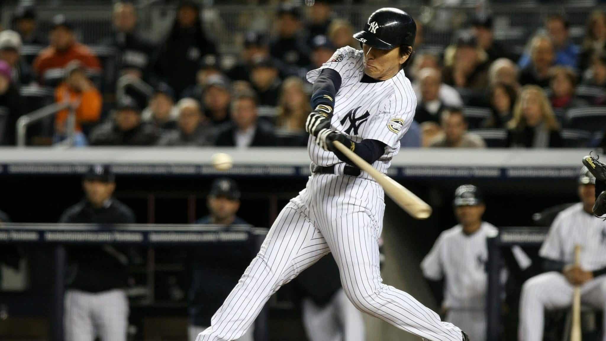 NEW YORK - NOVEMBER 04: Hideki Matsui #55 of the New York Yankees bats against the Philadelphia Phillies in Game Six of the 2009 MLB World Series at Yankee Stadium on November 4, 2009 in the Bronx borough of New York City.
