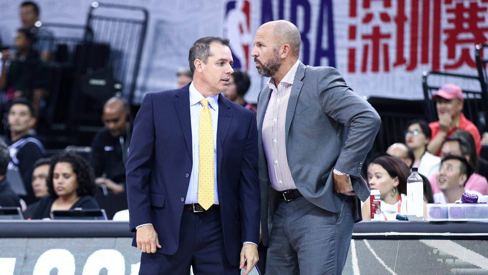 SHENZHEN, CHINA - OCTOBER 12: Head coach Frank Vogel of the Los Angeles Lakers speaks to assistant coach Jason Kidd during the match against the Brooklyn Nets during a preseason game as part of 2019 NBA Global Games China at Shenzhen Universiade Center on October 12, 2019 in Shenzhen, Guangdong, China.