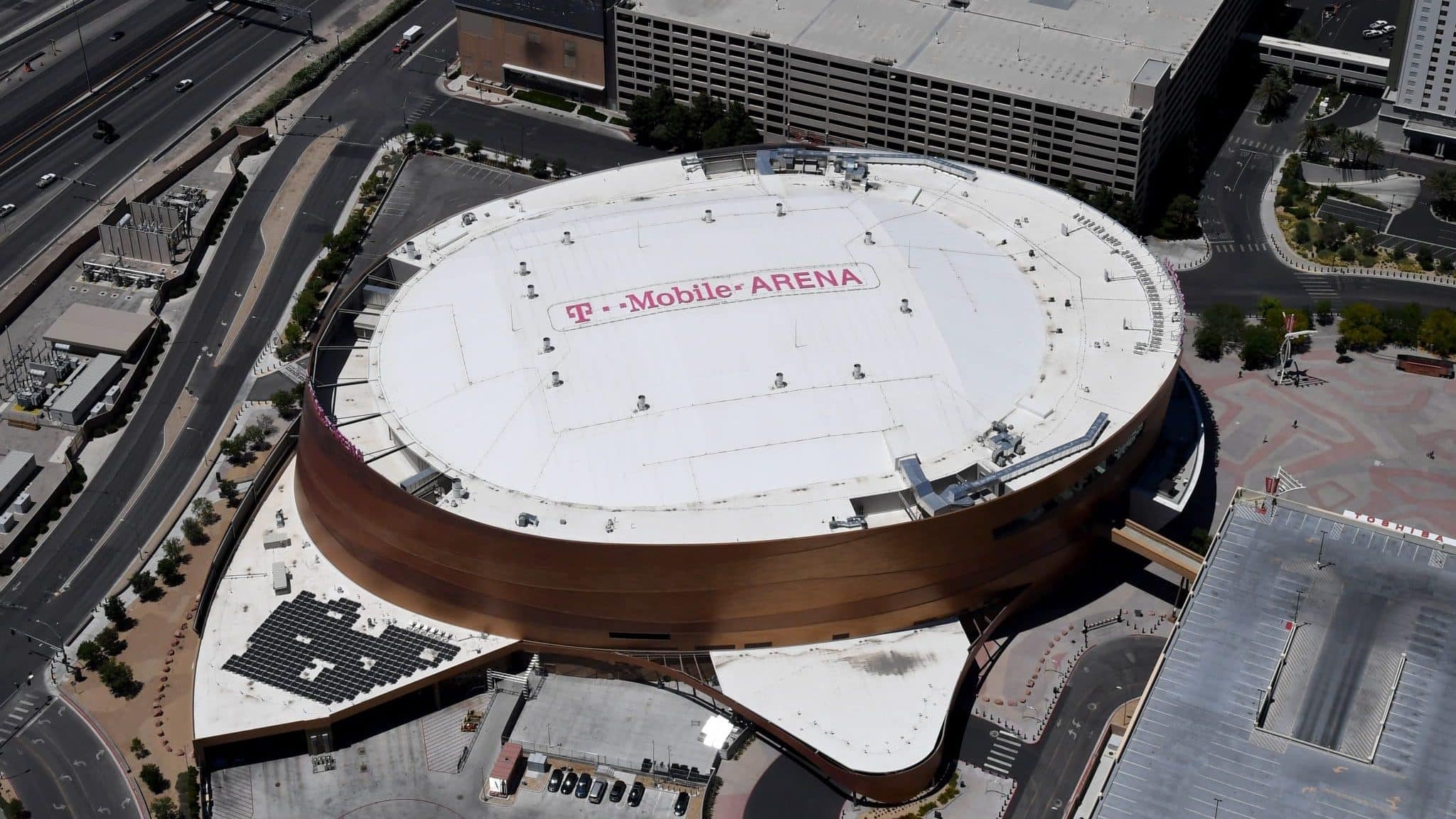 LAS VEGAS, NEVADA - MAY 21: An aerial view shows T-Mobile Arena, home of the NHL's Vegas Golden Knights, which has been closed since March 17 in response to the coronavirus (COVID-19) pandemic on May 21, 2020 in Las Vegas, Nevada. It is still unclear if the NHL will be able to finish the season that was paused as a result of COVID-19.