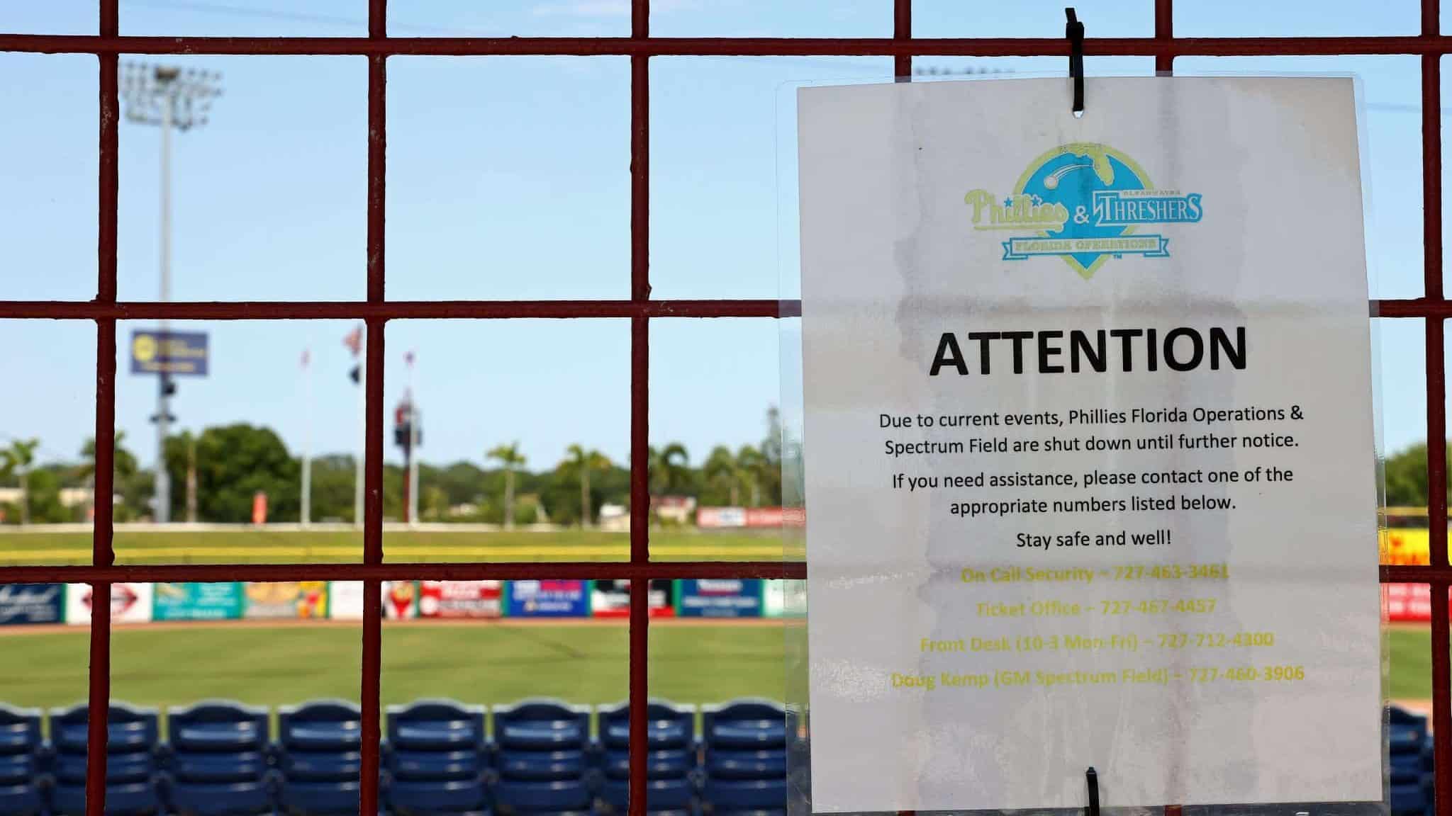 CLEARWATER, FLORIDA - MAY 20: A sign announces that Phillies Florida Operations and Spectrum Field, spring training home of the Philadelphia Phillies, have been shut down on May 20, 2020 in Clearwater, Florida. The Major League Baseball season remains postponed due to the COVID-19 pandemic.
