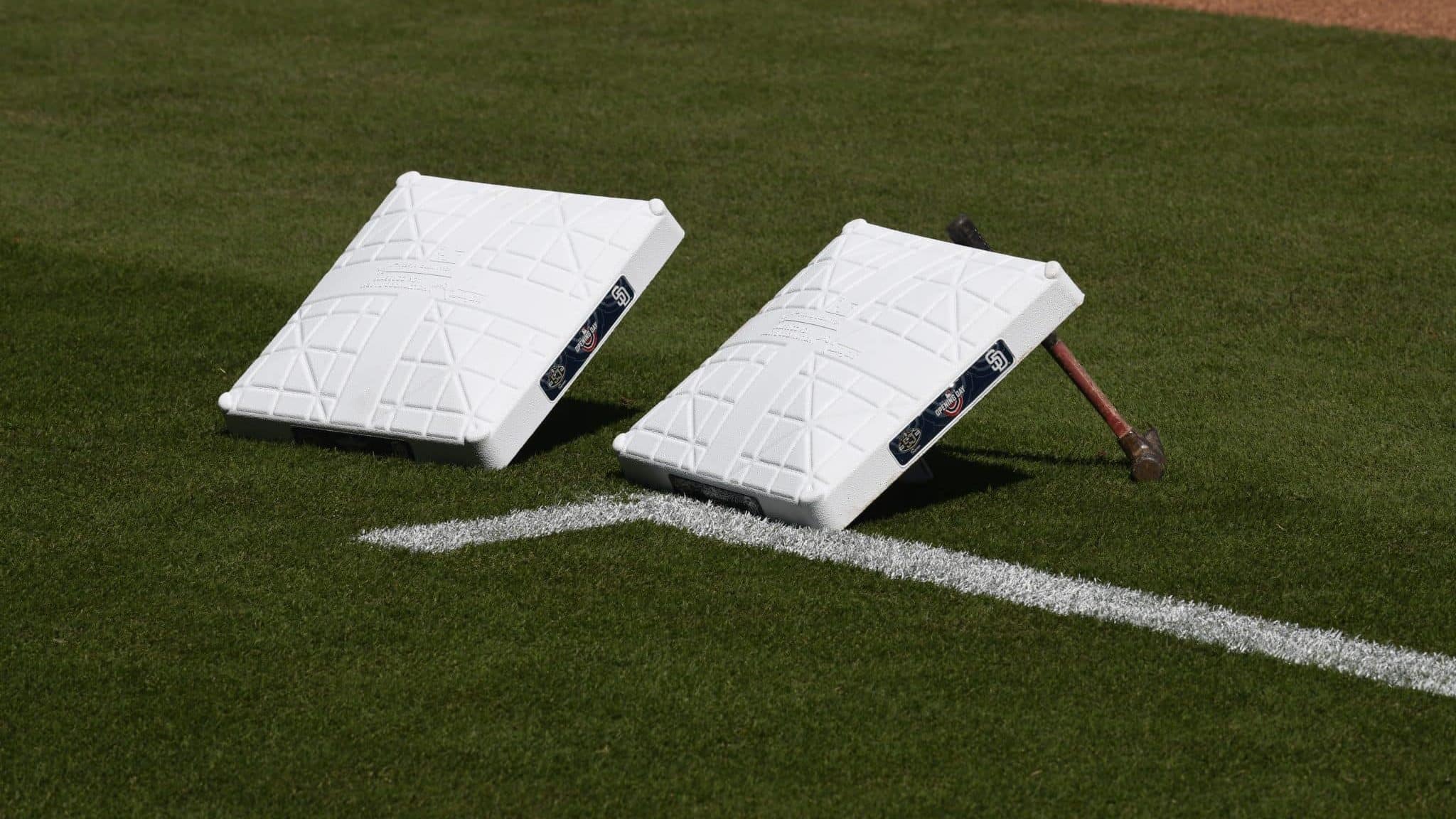 SAN DIEGO, CA - MARCH 28: Bases with the Opening Day logo sit on the field before the game between the San Diego Padres and the San Francisco Giants on Opening Day at Petco Park March 28, 2019 in San Diego, California.