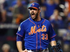 NEW YORK, NY - NOVEMBER 01: Matt Harvey #33 of the New York Mets reacts during Game Five of the 2015 World Series against the Kansas City Royals at Citi Field on November 1, 2015 in the Flushing neighborhood of the Queens borough of New York City.