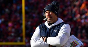 KANSAS CITY, MISSOURI - JANUARY 19: Head coach Mike Vrabel of the Tennessee Titans looks on in the first half against the Kansas City Chiefs in the AFC Championship Game at Arrowhead Stadium on January 19, 2020 in Kansas City, Missouri.