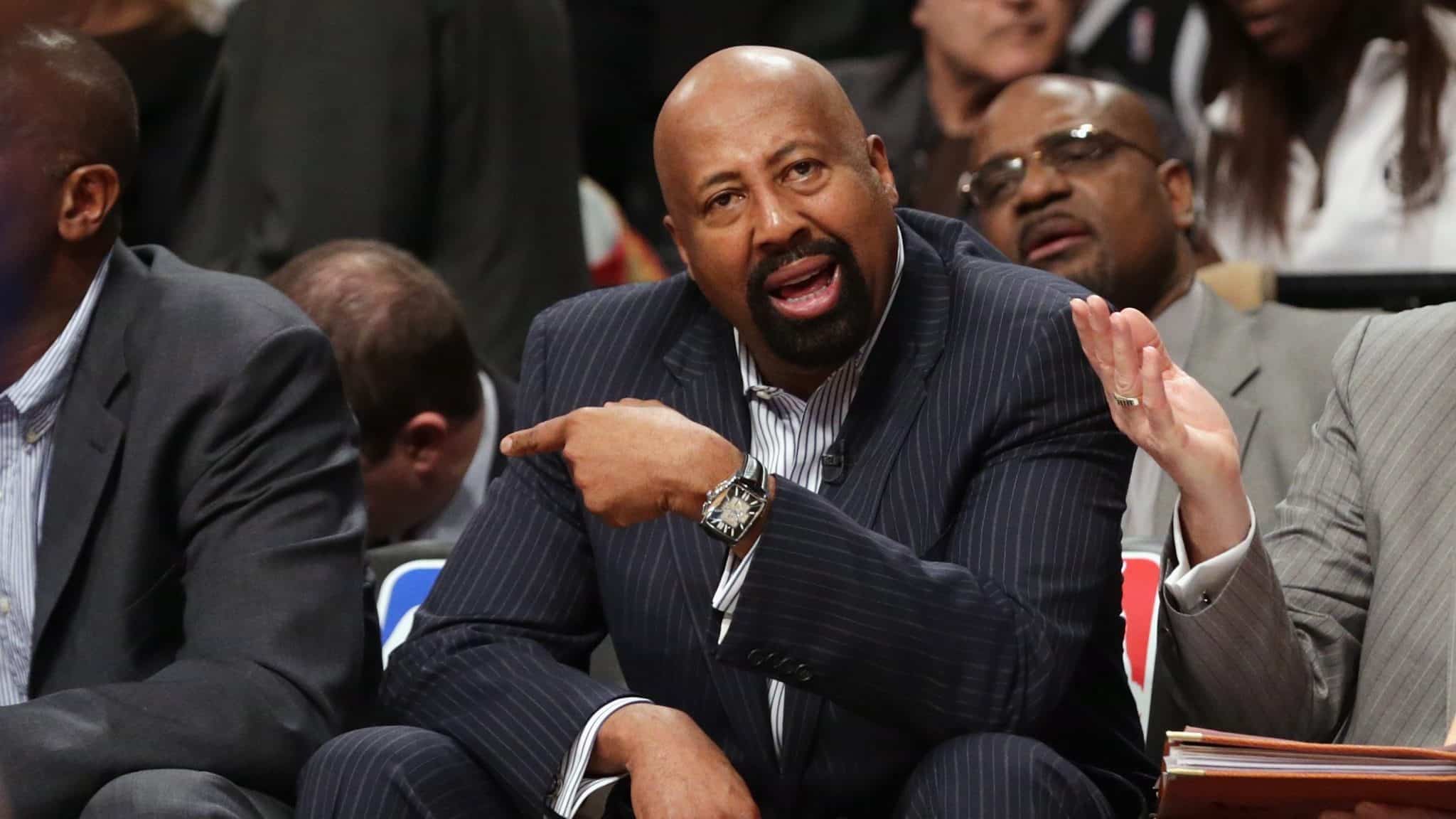 NEW YORK, NY - APRIL 15: Mike Woodson of the New York Knicks handles bench duties during the game against the Brooklyn Nets at the Barclays Center on April 15, 2014 in the Brooklyn borough of New York City. NOTE TO USER: User expressly acknowledges and agrees that, by downloading and/or using this Photograph, user is consenting to the terms and conditions of the Getty Images License Agreement.