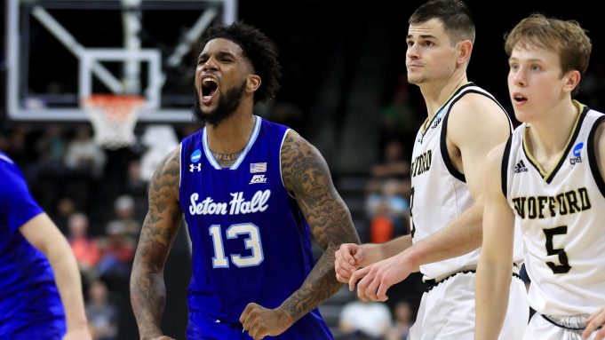 JACKSONVILLE, FLORIDA - MARCH 21: Myles Powell #13 of the Seton Hall Pirates reacts in the second half against the Wofford Terriers during the first round of the 2019 NCAA Men's Basketball Tournament at Jacksonville Veterans Memorial Arena on March 21, 2019 in Jacksonville, Florida.