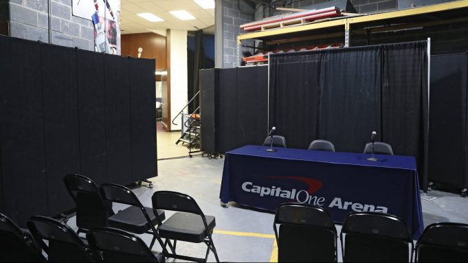 WASHINGTON, DC - MARCH 10: A general view of a new post-game interview area prior to the New York Knicks playing the Washington Wizards at Capital One Arena on March 10, 2020 in Washington, DC. According to the NBA, the league has banned nonessential team personnel from the locker room, including media, because of the coronavirus. NOTE TO USER: User expressly acknowledges and agrees that, by downloading and or using this photograph, User is consenting to the terms and conditions of the Getty Images License Agreement. (