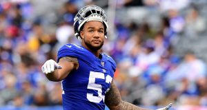 EAST RUTHERFORD, NEW JERSEY - OCTOBER 06: Oshane Ximines #53 of the New York Giants reacts as a play is being reviewed during their game against the Minnesota Vikings at MetLife Stadium on October 06, 2019 in East Rutherford, New Jersey.