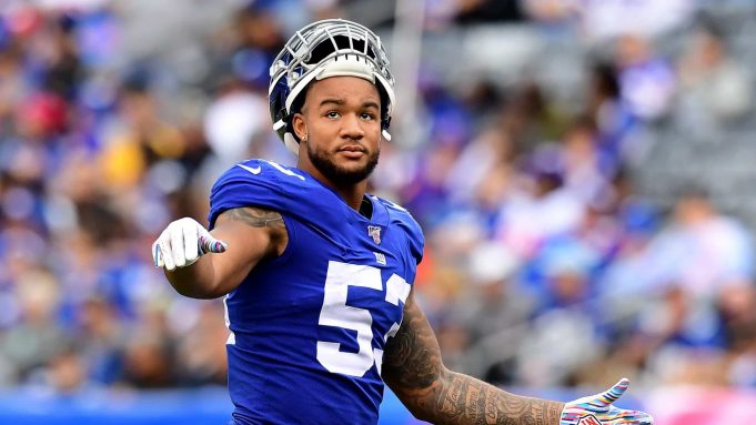 EAST RUTHERFORD, NEW JERSEY - OCTOBER 06: Oshane Ximines #53 of the New York Giants reacts as a play is being reviewed during their game against the Minnesota Vikings at MetLife Stadium on October 06, 2019 in East Rutherford, New Jersey.