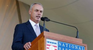 COOPERSTOWN, NY - JULY 29: MLB commissioner Rob Manfred speaks at Clark Sports Center during the Baseball Hall of Fame induction ceremony on July 29, 2018 in Cooperstown, New York.