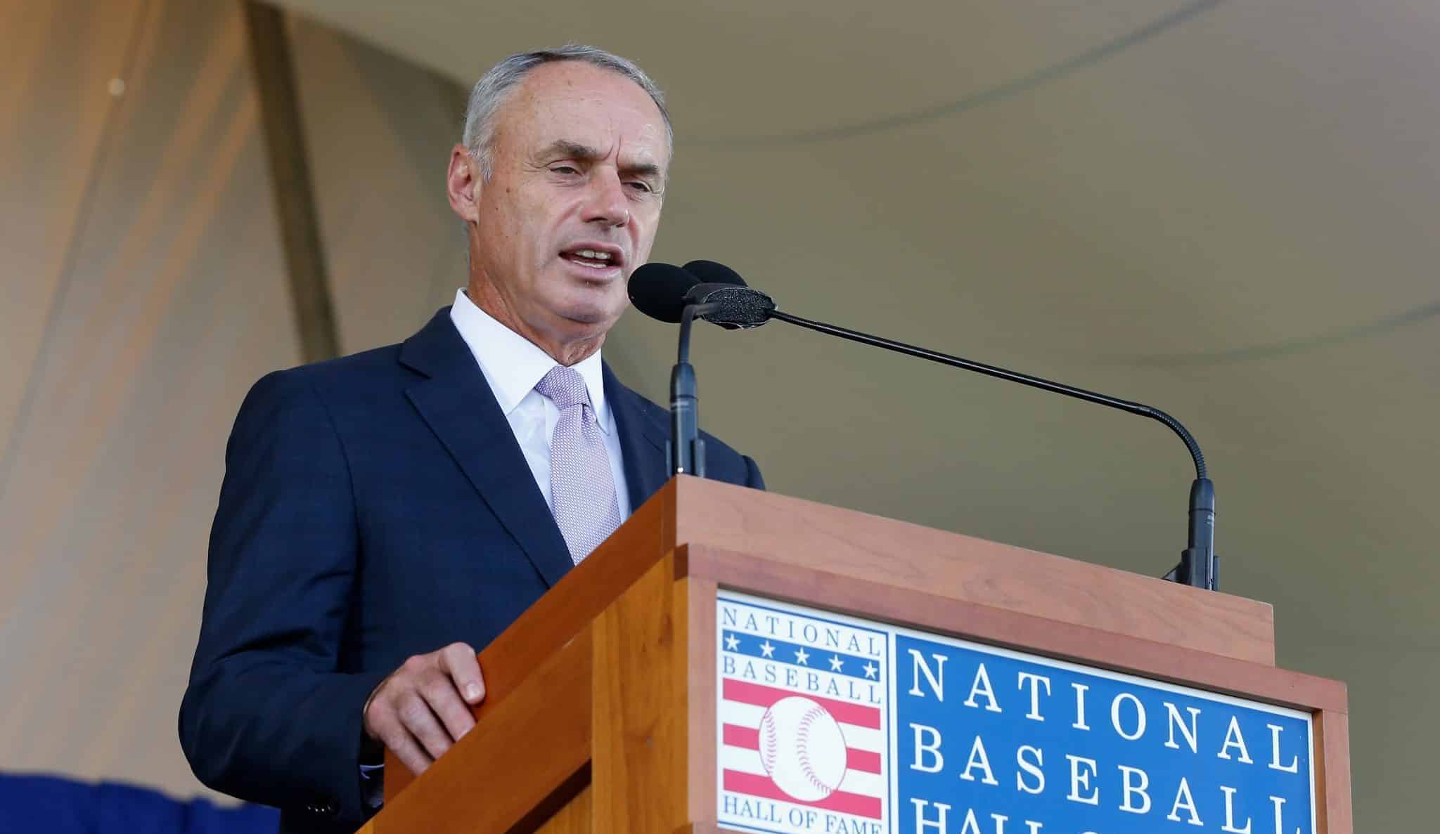 COOPERSTOWN, NY - JULY 29: MLB commissioner Rob Manfred speaks at Clark Sports Center during the Baseball Hall of Fame induction ceremony on July 29, 2018 in Cooperstown, New York.