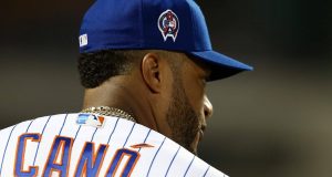 NEW YORK, NEW YORK - SEPTEMBER 11: Robinson Cano #24 of the New York Mets looks on wearing a patch on his cap in honor of the 18th anniversary of the September 11, 2001 terror attacks prior to the game against the Arizona Diamondbacks at Citi Field on September 11, 2019 in the Queens borough of New York City.