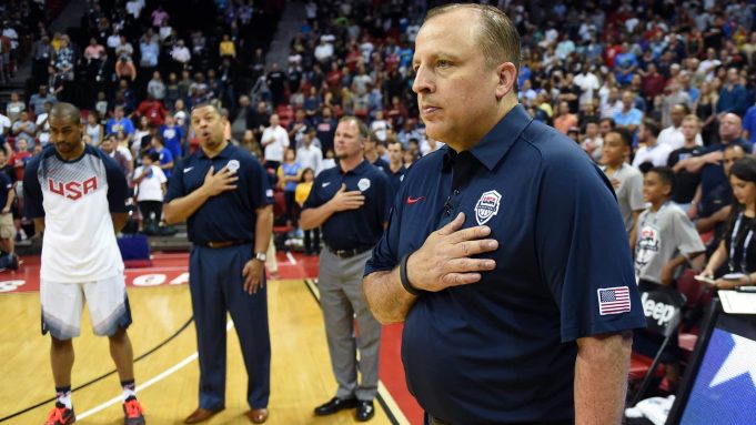 LAS VEGAS, NV - AUGUST 13: Assistant coach Tom Thibodeau of the 2015 USA Basketball Men's National Team stands on the court as the American national anthem is performed before a USA Basketball showcase at the Thomas & Mack Center on August 13, 2015 in Las Vegas, Nevada.