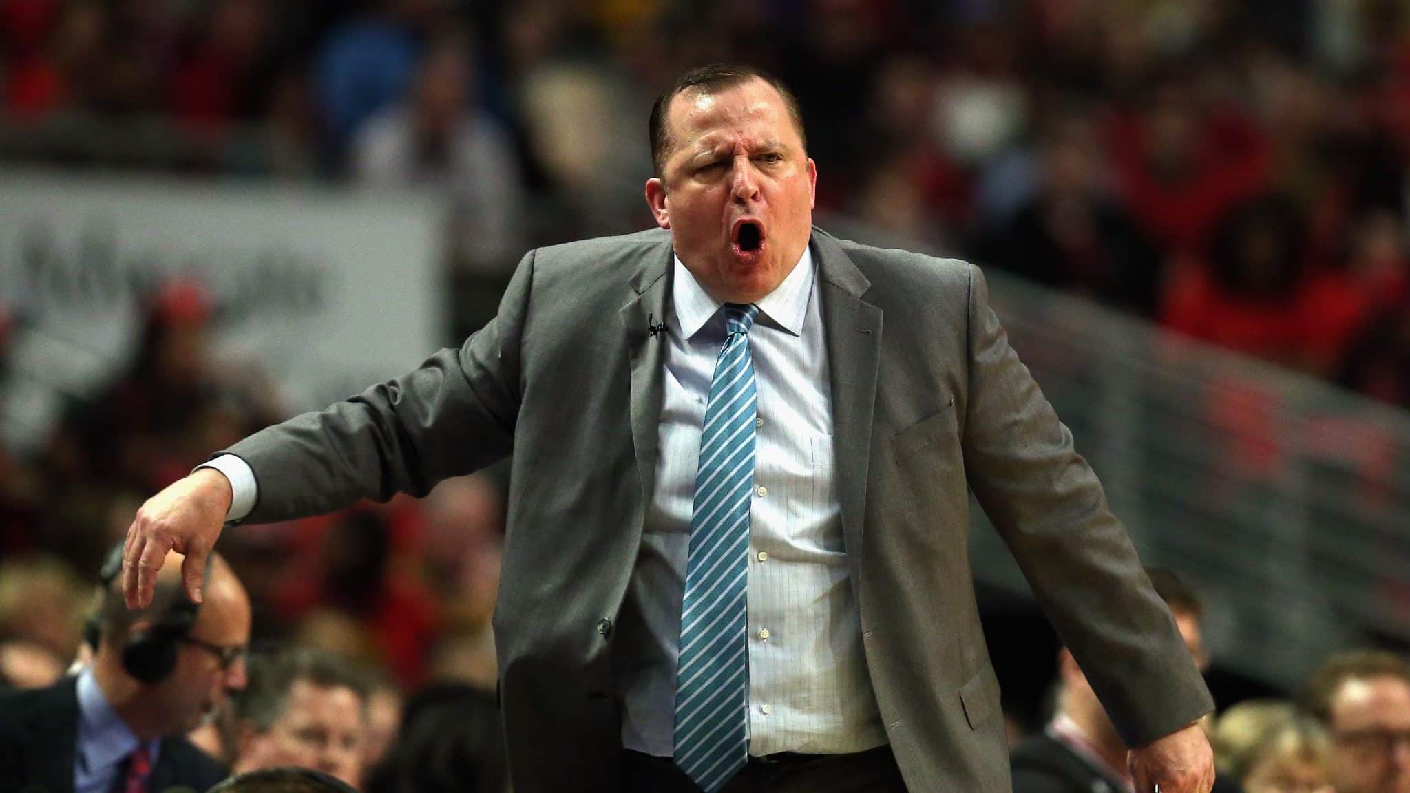 CHICAGO, IL - MAY 10: Head coach Tom Thibodeau of the Chicago Bulls yells at a referee against the Cleveland Cavaliers in Game Four of the Eastern Conference Semifinals of the 2015 NBA Playoffs at the United Center on May 10, 2015 in Chicago, Illinois. NOTE TO USER: User expressly acknowledges and agress that, by downloading and or using the photograph, User is consenting to the terms and conditions of the Getty Images License Agreement.