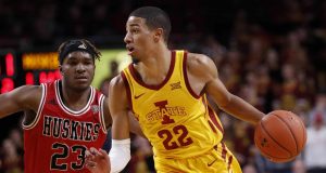 AMES, IA - NOVEMBER 12: Tyrese Haliburton #22 of the Iowa State Cyclones drives the ball as Tyler Cochran #23 of the Northern Illinois Huskies puts pressure on in the second half of play at Hilton Coliseum on November 12, 2019 in Ames, Iowa. The Iowa State Cyclones won 70-52 over the Northern Illinois Huskies.