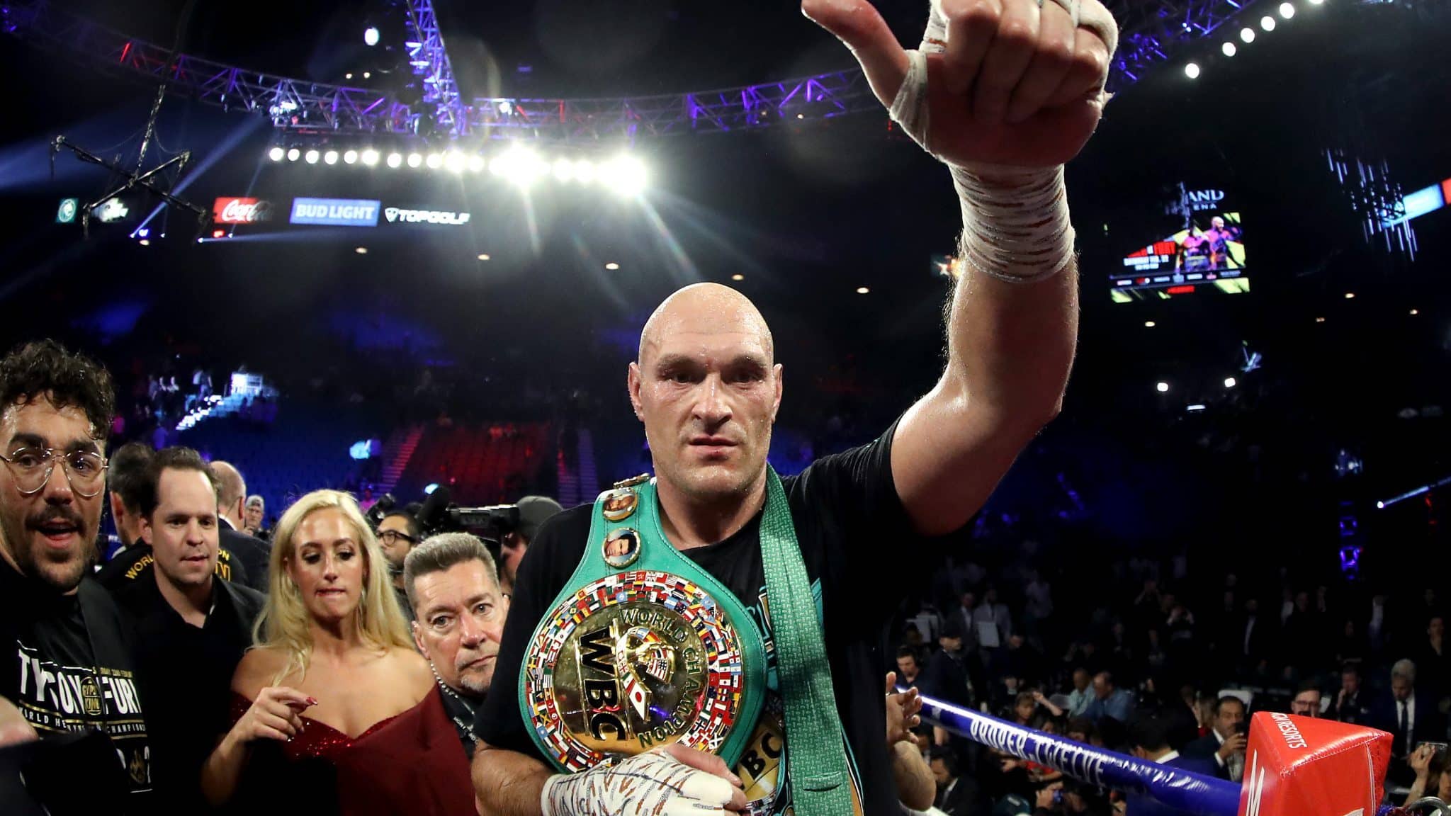 LAS VEGAS, NEVADA - FEBRUARY 22: Tyson Fury celebrates his win by TKO in the seventh round against Deontay Wilder in the Heavyweight bout for Wilder's WBC and Fury's lineal heavyweight title on February 22, 2020 at MGM Grand Garden Arena in Las Vegas, Nevada.