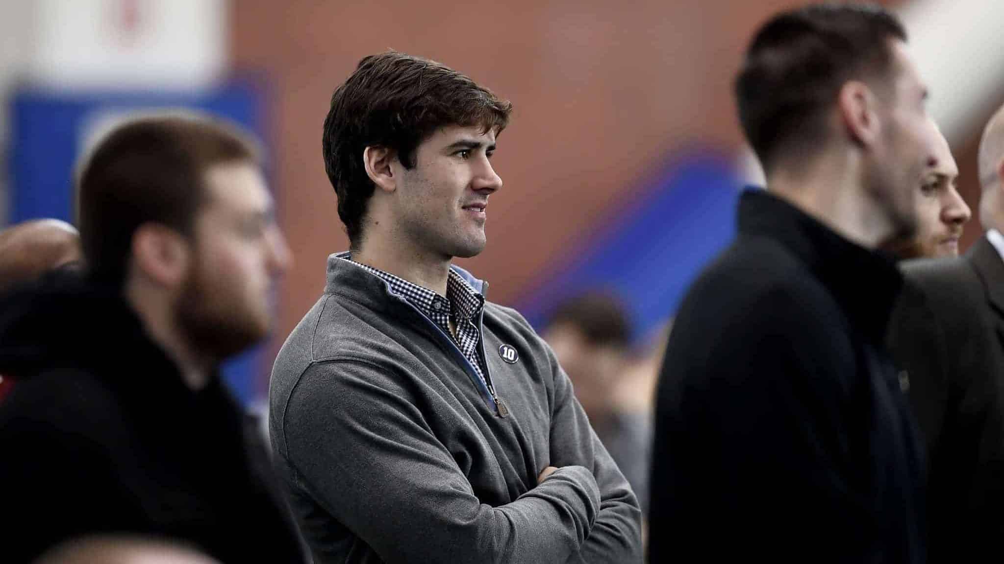 EAST RUTHERFORD, NEW JERSEY - JANUARY 24: New York Giants quarterback Daniel Jones looks on during a press conference for Eli Manning announcing his retirement on January 24, 2020 at Quest Diagnostics Training Center in East Rutherford, New Jersey. The two-time Super Bowl MVP is retiring after 16 seasons with the team.