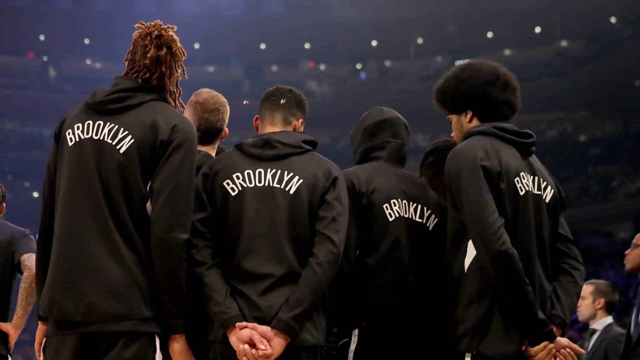 NEW YORK, NEW YORK - JANUARY 26: The Brooklyn Nets stands together before the opening tipoff against the New York Knicks at Madison Square Garden on January 26, 2020 in New York City.