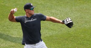 NEW YORK, NEW YORK - JULY 08: Aaron Judge #99 of the New York Yankees throws the baseball during summer workouts at Yankee Stadium on July 08, 2020 in the Bronx borough of New York City.