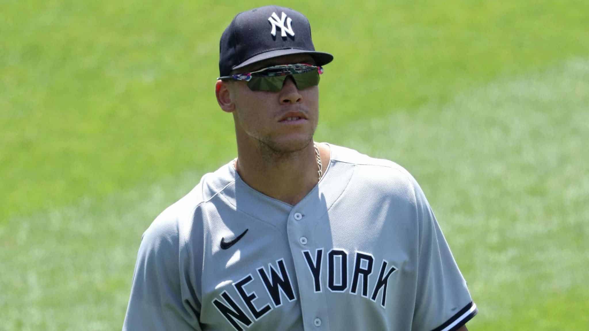 WASHINGTON, DC - JULY 26: Aaron Judge #99 of the New York Yankees looks on against the Washington Nationals during the fourth inning at Nationals Park on July 26, 2020 in Washington, DC.