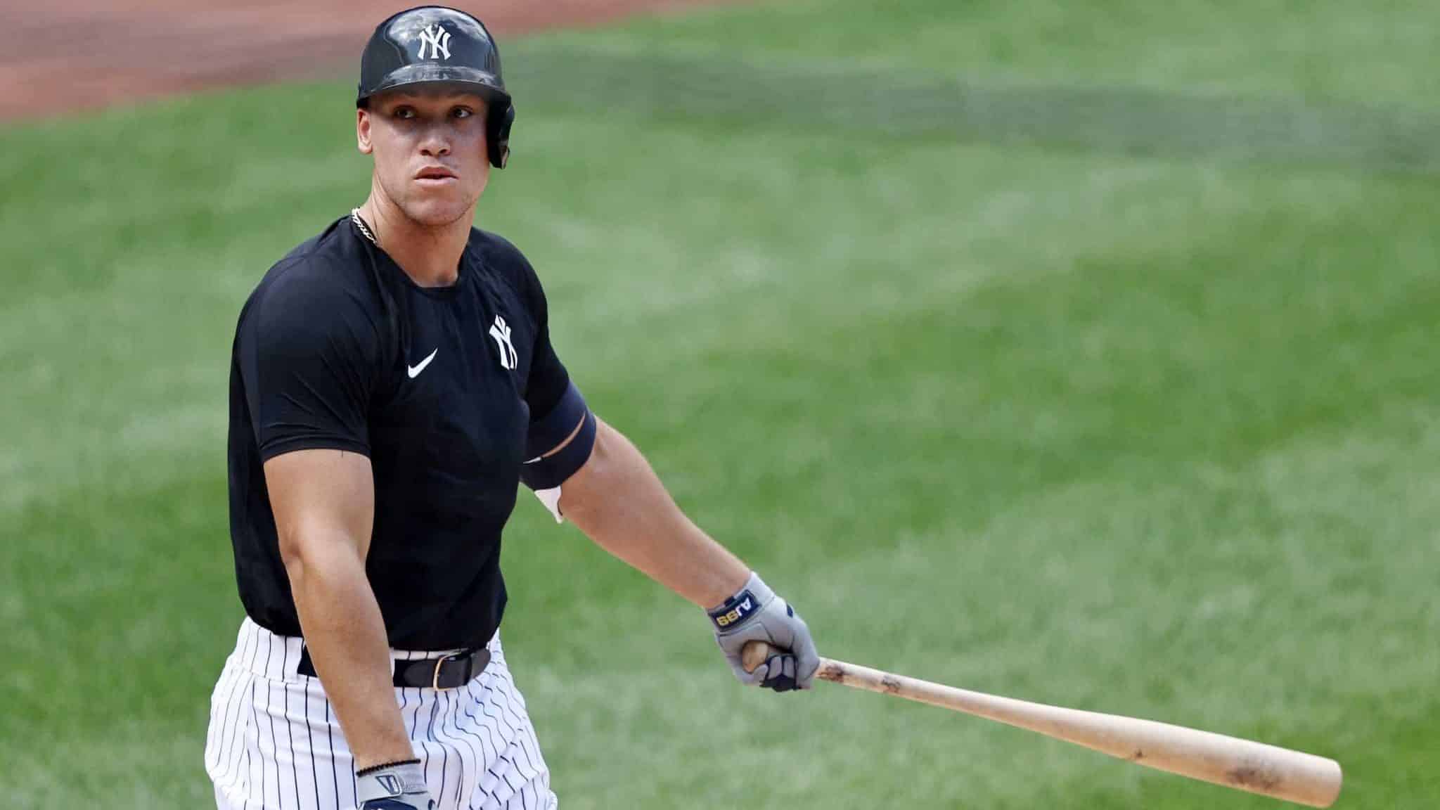 NEW YORK, NEW YORK - JULY 04: Aaron Judge #99 of the New York Yankees hits during summer workouts at Yankee Stadium on July 04, 2020 in the Bronx borough of New York City.