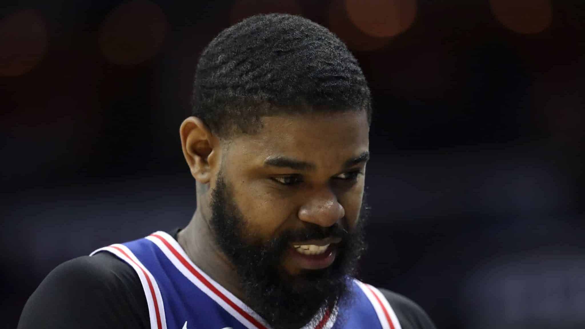 WASHINGTON, DC - OCTOBER 18: Amir Johnson #5 of the Philadelphia 76ers walks off the court after fouling out against the Washington Wizards at Capital One Arena on October 18, 2017 in Washington, DC. NOTE TO USER: User expressly acknowledges and agrees that, by downloading and or using this photograph, User is consenting to the terms and conditions of the Getty Images License Agreement.