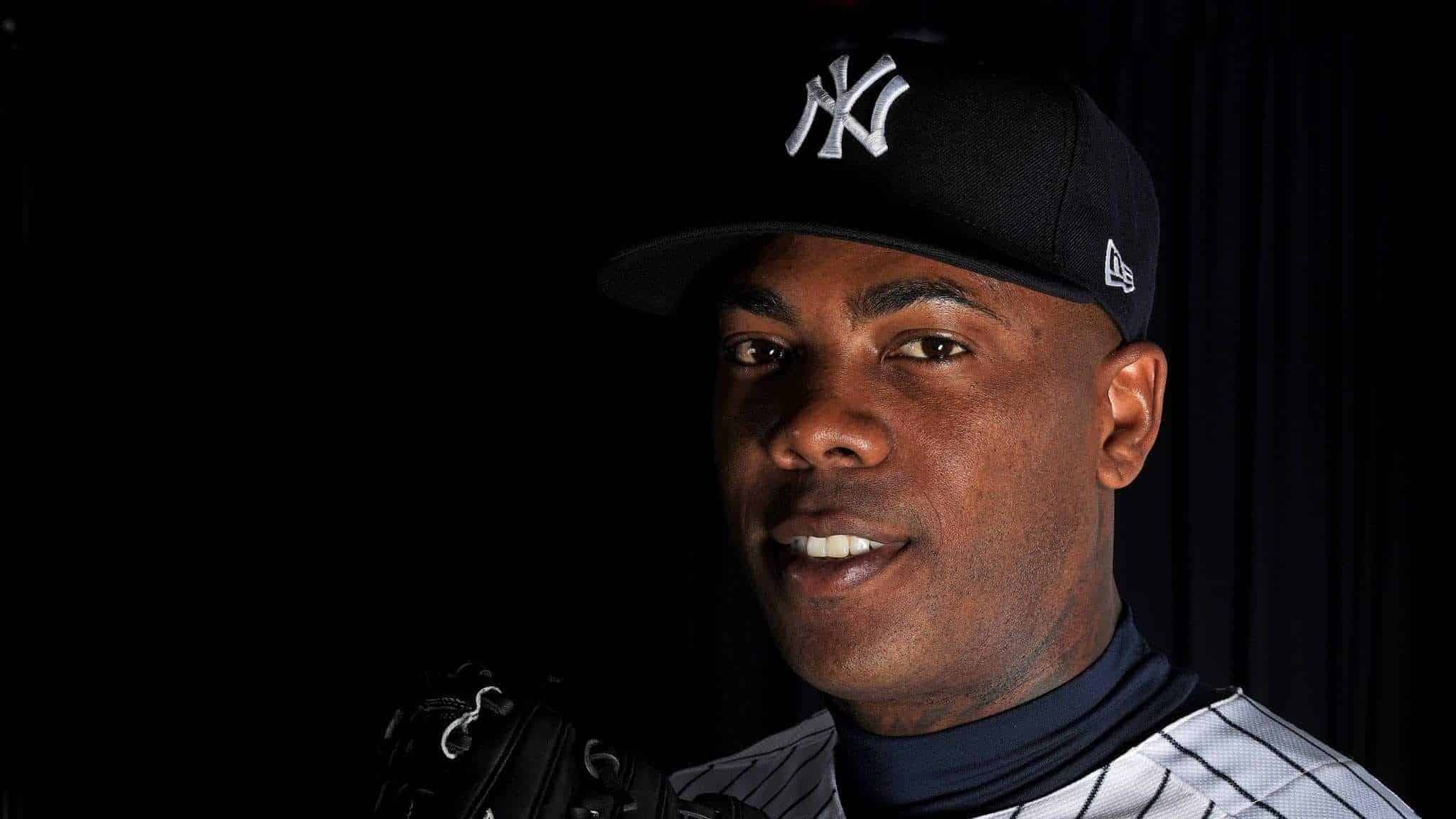 TAMPA, FLORIDA - FEBRUARY 20: Aroldis Chapman #54 of the New York Yankees poses for a portrait during photo day on February 20, 2020 in Tampa, Florida.