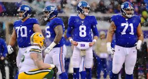EAST RUTHERFORD, NEW JERSEY - DECEMBER 01: Daniel Jones #8 of the New York Giants looks on during the first half of their game against the Green Bay Packers at MetLife Stadium on December 01, 2019 in East Rutherford, New Jersey.