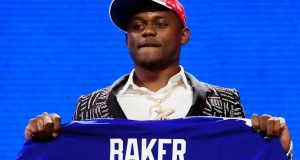 NASHVILLE, TENNESSEE - APRIL 25: Deandre Baker of Georgia reacts after being chosen #30 overall by the New York Giants during the first round of the 2019 NFL Draft on April 25, 2019 in Nashville, Tennessee.