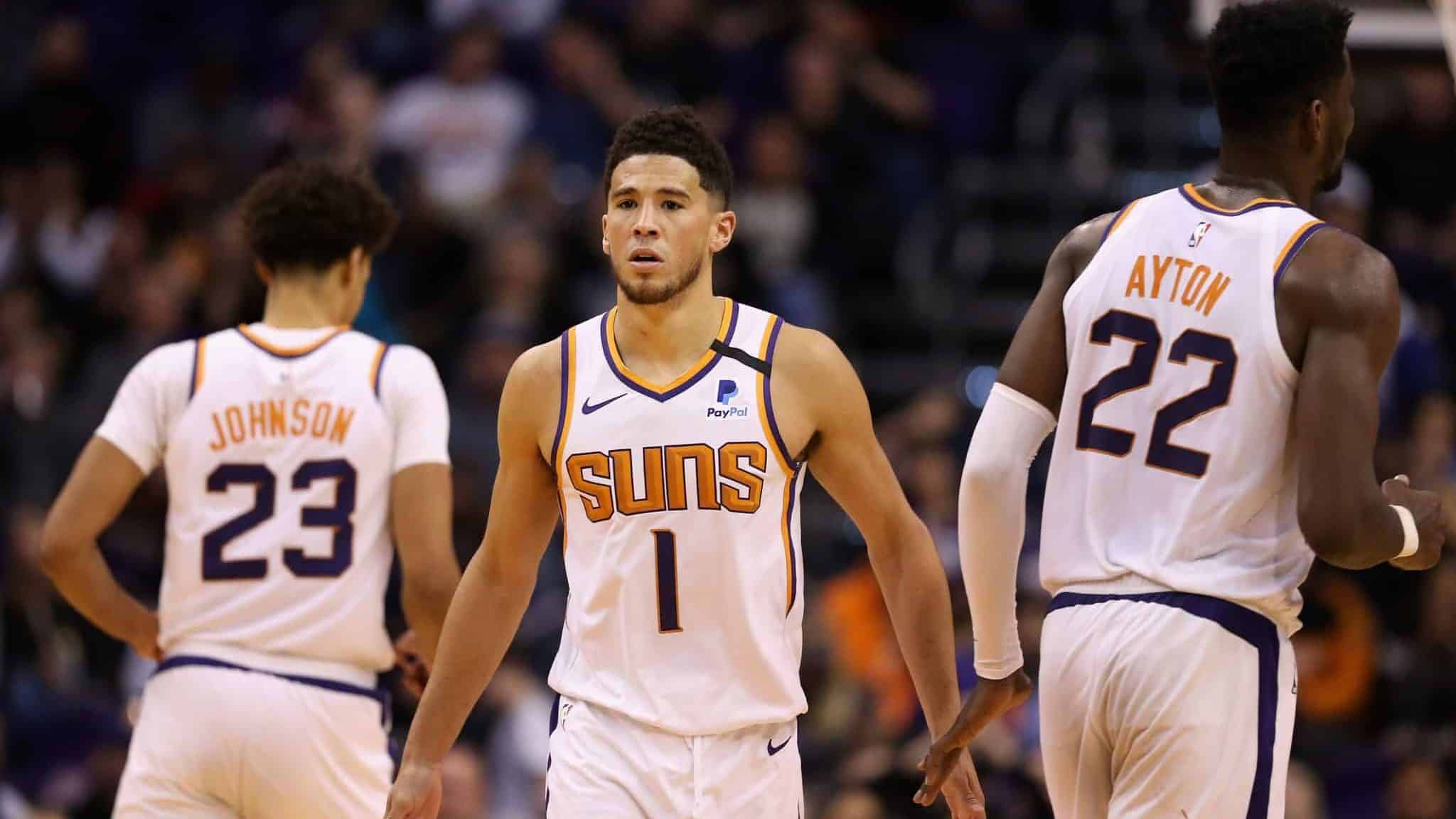 PHOENIX, ARIZONA - FEBRUARY 26: Devin Booker #1 of the Phoenix Suns during the second half of the NBA game against the LA Clippers at Talking Stick Resort Arena on February 26, 2020 in Phoenix, Arizona. The Clippers defeated the Suns 102-92. NOTE TO USER: User expressly acknowledges and agrees that, by downloading and or using this photograph, user is consenting to the terms and conditions of the Getty Images License Agreement. Mandatory Copyright Notice: Copyright 2020 NBAE.