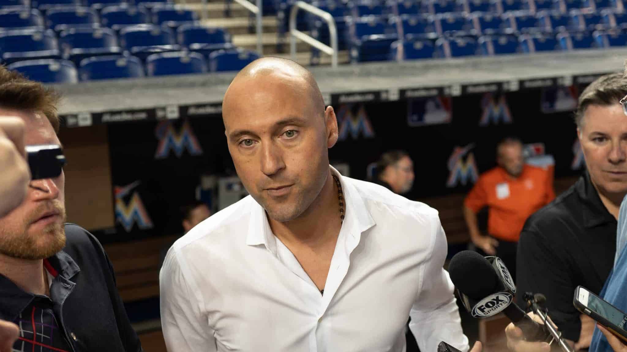 MIAMI, FL - SEPTEMBER 20: Chief Executive Officer Derek Jeter of the Miami Marlins meets with members of the media prior to the game against the Cincinnati Reds at Marlins Park on September 20, 2018 in Miami, Florida.